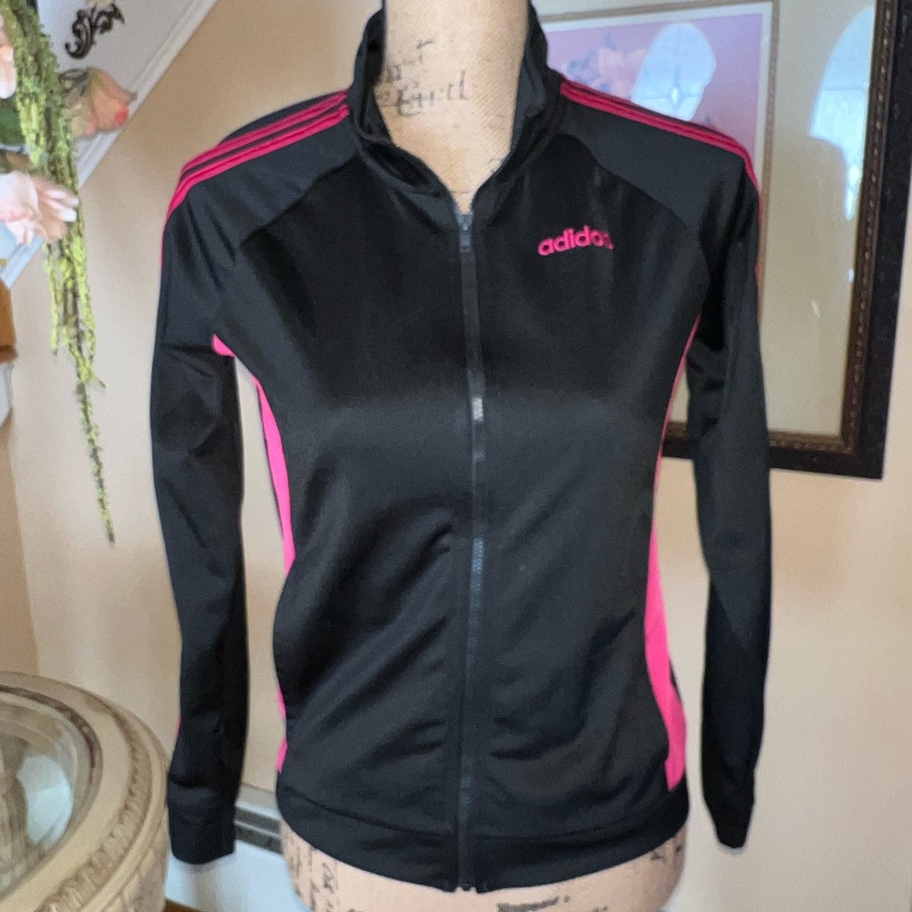 Adidas zip up hoodie size xl(16) black/pink track jacket - Picture 1 of 3